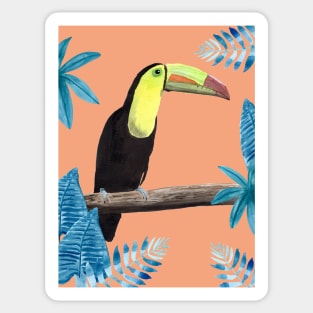 Toucan with tropical leaves and coral background Sticker